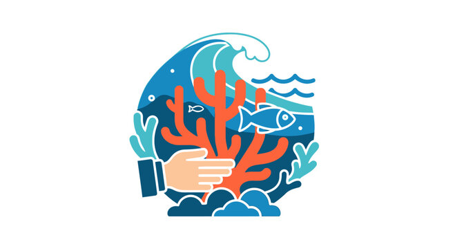 Hand protecting coral reef with fish and ocean wave, environmental conservation concept