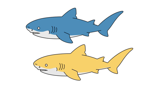 Two Cartoon Sharks, Blue and Yellow, Swimming Together - Vector Illustration