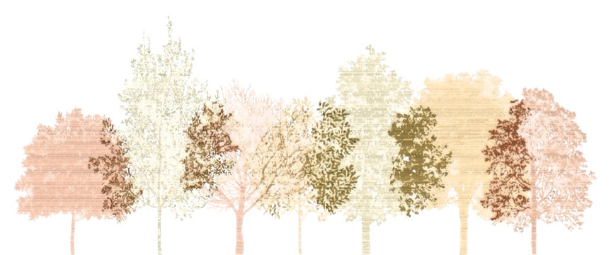 Architectural Drawing Set of Minimal CAD Trees, Autumn Wetland Forest Section Side View Outline for Landscape Design, Clean Line Vector Illustration with Separate Elements