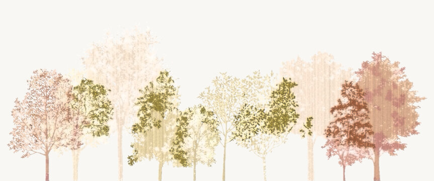 Architectural Minimal CAD Tree Autumn Line Drawing Set, Wetland Forest Section Outline Side View Elements for Landscape Design, Vector Illustration with Separate Editable Elements