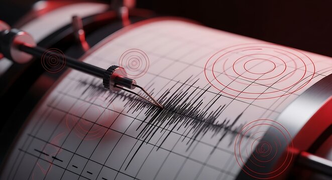 Close up of seismograph needle recording sharp seismic waves on paper with red circular warning ripples and dramatic lighting