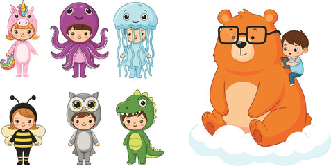 Cute kids in animal costumes and big bear character vector illustration with unicorn octopus jellyfish dinosaur and fantasy cartoon set © MD