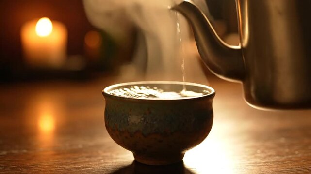 Hot tea pouring from teapot into ceramic cup by candlelight