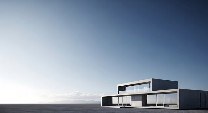 Modern minimalist concrete villa in a vast desert landscape under clear blue sky