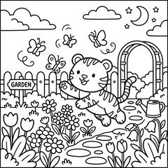 Bold and Easy Tiger Coloring Page - Cozy Moment Cute Kawaii Wild Animal Minimalist Line Art Vector Illustration for Adults and Kids Relaxing Activity Book Asset © Rs