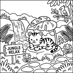 Bold and Easy Tiger Coloring Page - Cozy Moment Cute Kawaii Wild Animal Minimalist Line Art Vector Illustration for Adults and Kids Relaxing Activity Book Asset © Rs