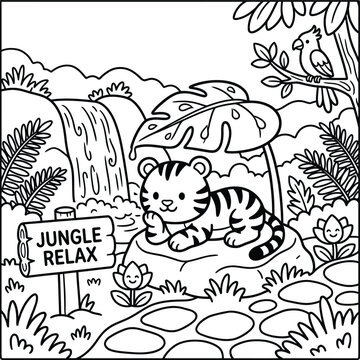 Bold and Easy Tiger Coloring Page - Cozy Moment Cute Kawaii Wild Animal Minimalist Line Art Vector Illustration for Adults and Kids Relaxing Activity Book Asset