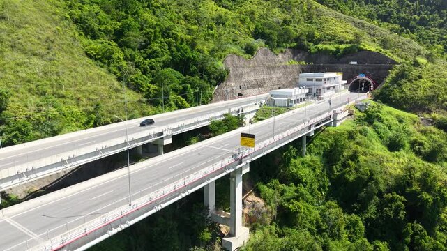 Drone view of the Southern Bypass of the Tamoios Highway, inaugurated in November 2024, which connects Caraguatatuba to S&atilde;o Sebasti&atilde;o - S&atilde;o Paulo, Brazil