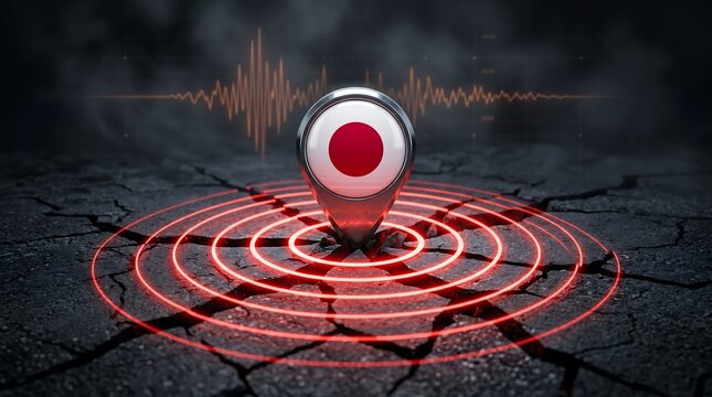 Earthquake epicenter marker with Japan flag on textured ground and seismic wave graph for geological disaster monitoring