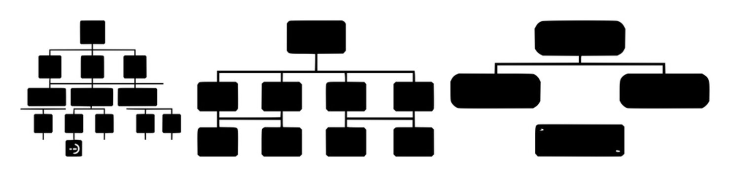 Sitemap icon set with solid black icon on white background featuring hierarchical nodes, connections, lines with outline and minimalist design