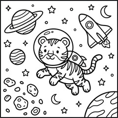Bold and Easy Tiger Coloring Page - Cozy Moment Cute Kawaii Wild Animal Minimalist Line Art Vector Illustration for Adults and Kids Relaxing Activity Book Asset © Rs