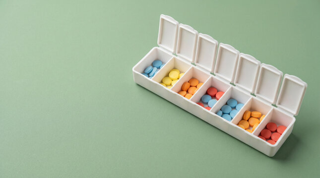 Weekly pill organizer tray with colored tablets in compartments on sage green background, elderly medication management senior health longevity aging care, copy space.
