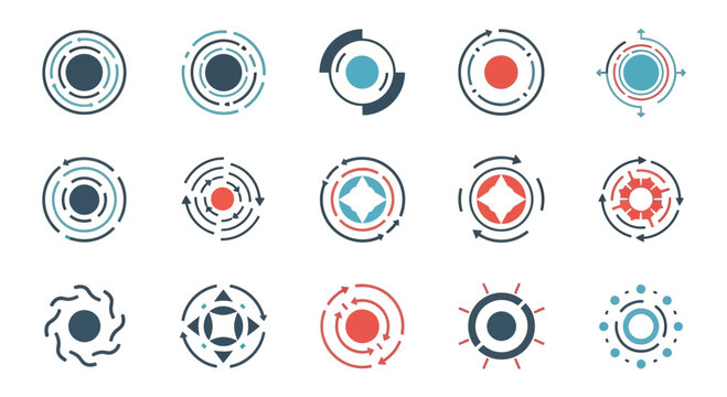 Futuristic Circular Icons Set: Technology, Data, UI Elements, Abstract Shapes