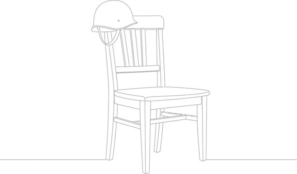 A stark, minimalist line drawing of a wooden chair with a military helmet resting on its back, evoking themes of absence and remembrance.