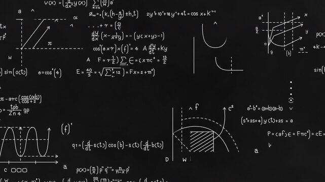 Mathematical and scientific formulas on a blackboard surface.