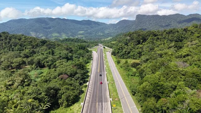 Drone view of the Southern Bypass of the Tamoios Highway, inaugurated in November 2024, which connects Caraguatatuba to S&atilde;o Sebasti&atilde;o - S&atilde;o Paulo, Brazil