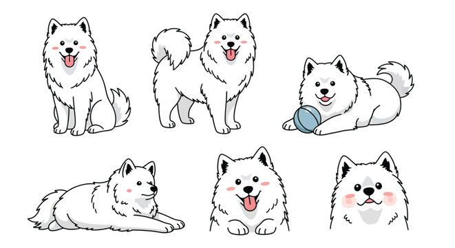 Cute White Samoyed Dog Seamless Pattern Cartoon Puppy