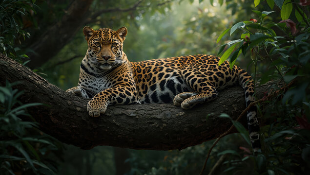Majestic leopard resting on mossy tree branch in dappled forest light, serene and alert