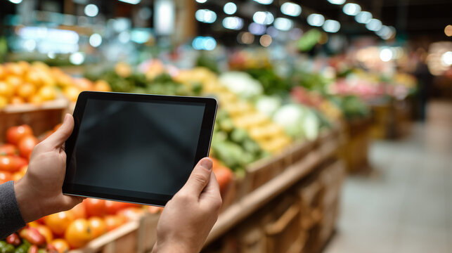 Person using tablet while shopping for fresh produce in supermarket, representing technology, retail, grocery planning, digital lifestyle, and smart consumer habits.