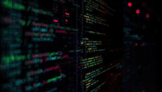 Abstract code display on dark screen with colorful syntax and blurred depth