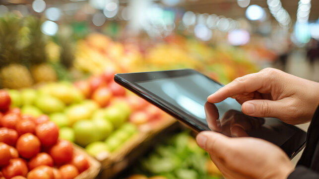 Person using tablet while shopping for fresh produce in supermarket, representing technology, retail, grocery planning, digital lifestyle, and smart consumer habits.