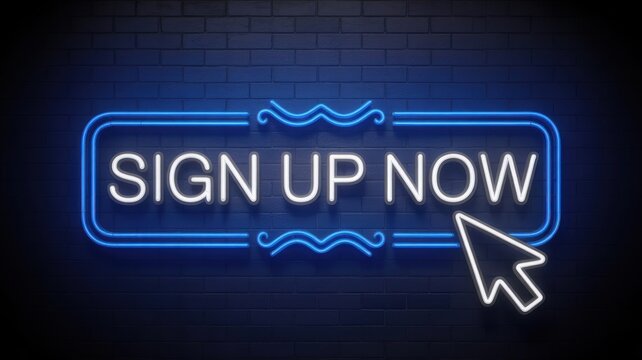 Sign up now neon sign with mouse cursor on dark brick wall background