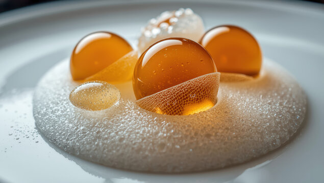 Golden gelatin spheres on foam dessert with delicate texture and warm glow