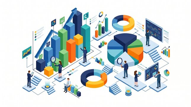Isometric illustration of business data analytics and financial growth chart