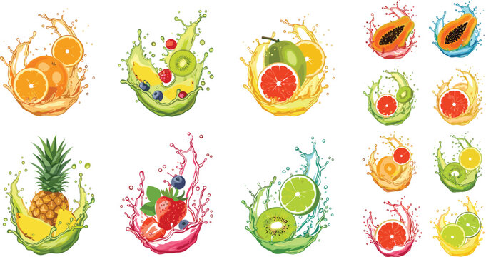 Colorful Fresh Tropical Fruit Juice Splash Set Collection Isolated on White Background Healthy Organic Food Drink Vector Illustration