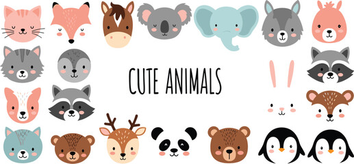 Obraz premium Cute animals faces collection vector illustration with fox cat koala elephant panda penguin raccoon deer cartoon characters set