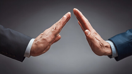 Obraz premium Two businesspeople raising hands in refusal gesture, symbolizing disagreement, boundaries, rejection, conflict, negotiation, and professional communication concepts.