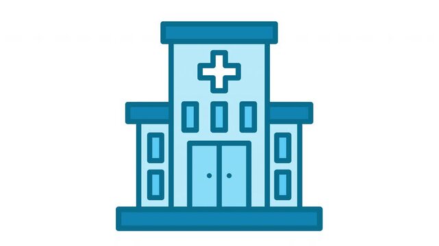 Hospital building icon animation with medical cross symbol, flat line healthcare clinic architecture for medical services and emergency care concept