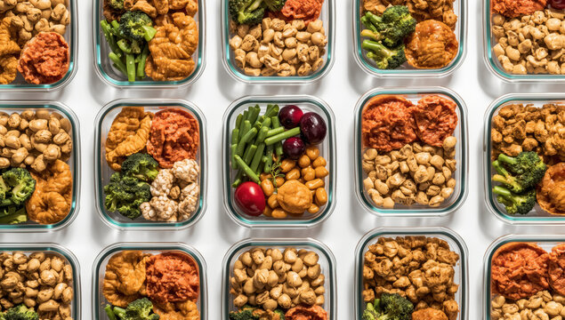 Meal prep glass containers with assorted roasted vegetables, chickpea, green beans and dips