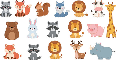 Cute cartoon animals collection vector illustration with fox raccoon lion giraffe cow pig rhino deer bunny and forest wildlife characters set © Halima