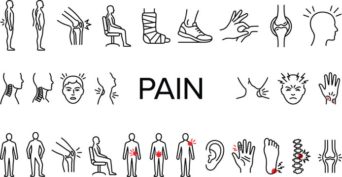 Pain symptoms icons set human body aches injury areas medical discomfort health problem illustration vector design