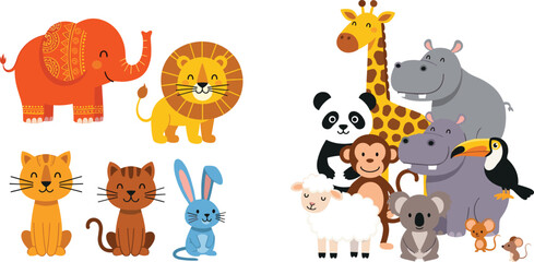 Cute wild and domestic animals collection vector illustration with elephant lion giraffe panda monkey and farm animals cartoon style set © Halima