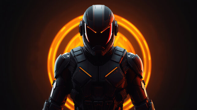 Futuristic armored soldier with glowing orange visor and halo, dramatic neon lighting