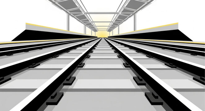 Perspective view of empty train tracks leading to a bright horizon.