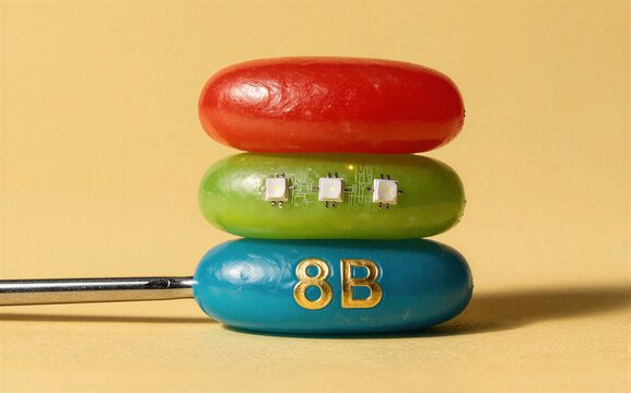 Stacked colorful jellybeans with LED lights and "8B" branding