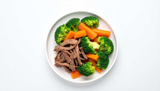 Stir-fried beef with broccoli and carrots on a white plate