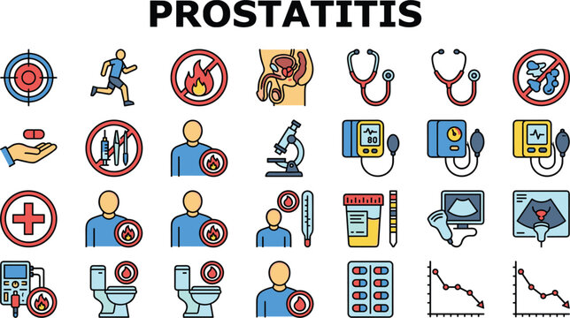 Prostatitis healthcare icon set featuring urinary symptoms medical diagnostics infection treatment urology examination and patient care vector collection