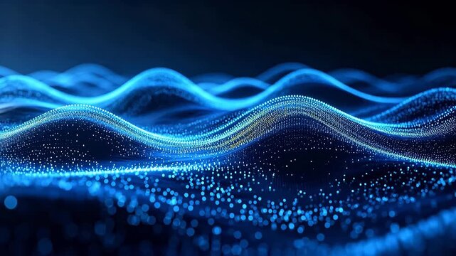 Abstract blue technological background with flowing curves and digital particles