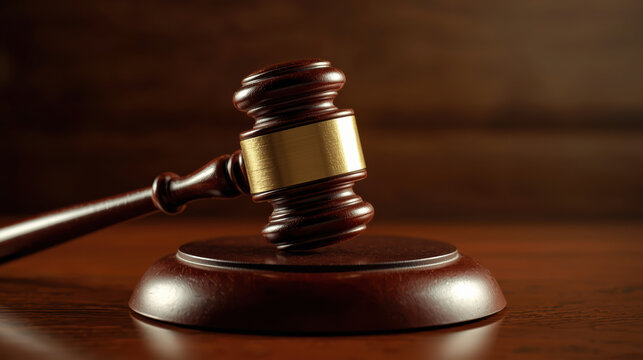 Wooden gavel on round sound block in courtroom setting conveying authority and justice