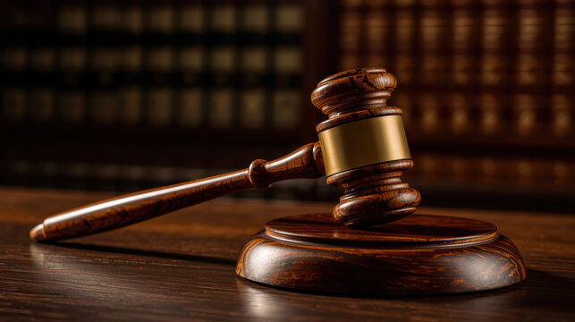 Wooden gavel resting on desk evokes authority and courtroom judgement