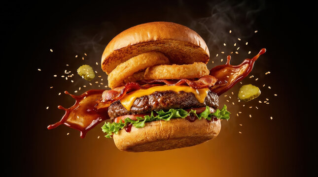 Deluxe bacon cheeseburger food photography hamburger beef patty cheddar cheese bacon onion ring barbecue sauce sesame seed pickle gourmet burger floating with sauce splash, lettuce, melted cheese