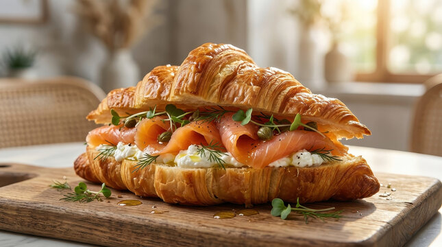Croissant sandwich smoked salmon cream cheese breakfast brunch food photography croissant sandwich with smoked salmon, cream cheese, dill, caper, microgreen wooden board bright kitchen light