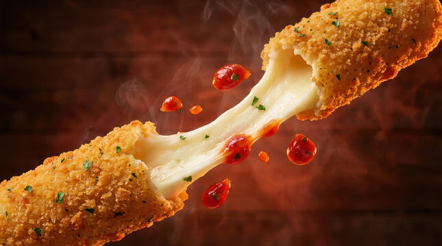 Mozzarella stick cheese pull fried snack breadcrumb crust marinara sauce close up food photography appetizer melted cheese steam crispy mozzarella stick split open with stretchy cheese pull