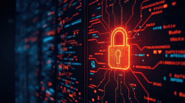 Glowing digital lock circuit board background conveying data encryption and cybersecurity