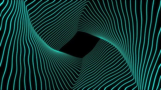Abstract tunnel with glowing cyan lines spiraling inward. Lines form a hypnotic pattern converging toward center