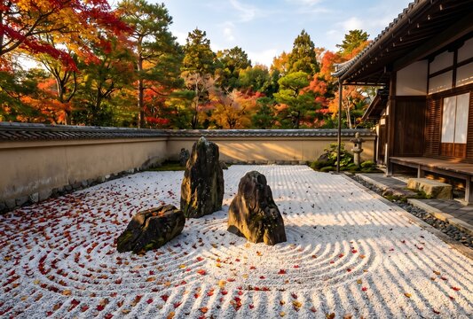 Traditional Japanese karesansui garden with scattered red and golden maple leaves resting on perfectly raked white gravel, three dark basalt stones as focal points, low afternoon sunlight casting warm